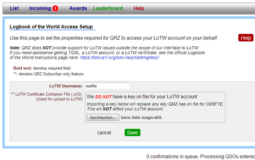 LoTW Access setup callsign